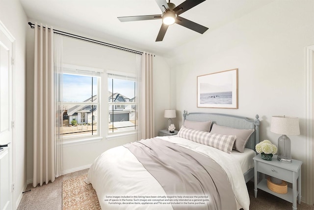 bedroom with baseboards, light carpet, and ceiling fan