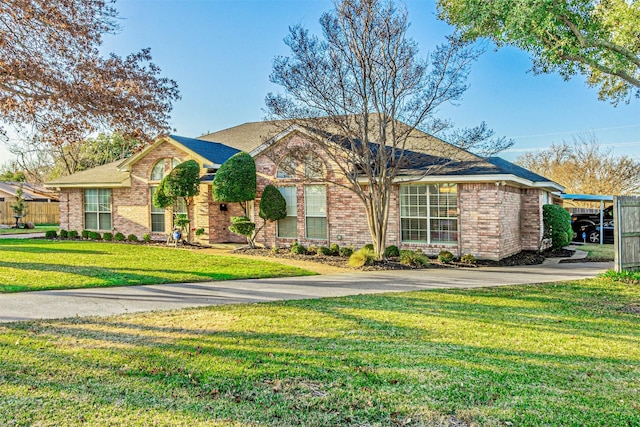 single story home with a front yard and a carport