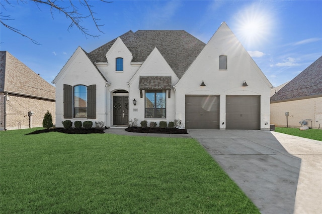 french country home with a front lawn and a garage