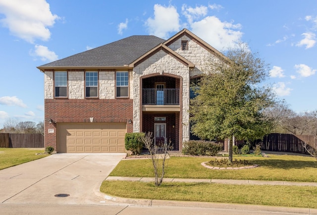 view of front of house featuring a balcony, a front lawn, and a garage