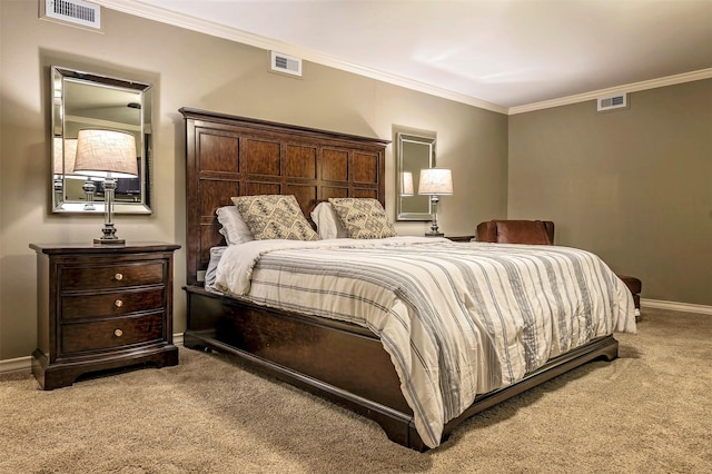 carpeted bedroom with ornamental molding