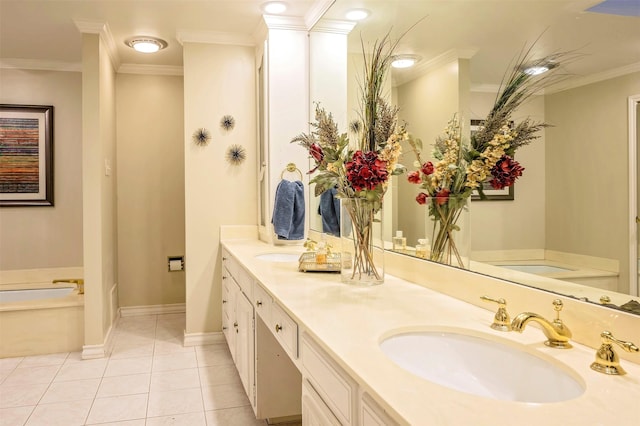 bathroom featuring ornamental molding, a bathing tub, tile patterned flooring, and vanity