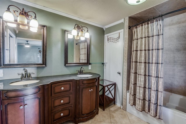 bathroom with tile patterned floors, shower / bath combination with curtain, crown molding, and vanity