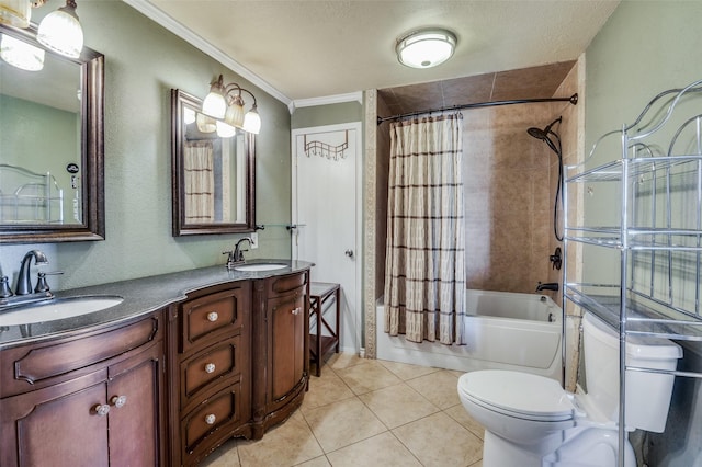 full bathroom featuring shower / bath combo, tile patterned floors, crown molding, toilet, and vanity