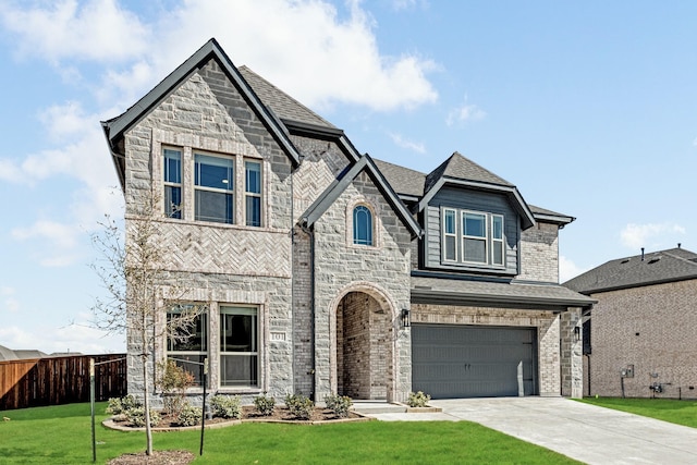 french country home with a garage, fence, concrete driveway, stone siding, and a front yard