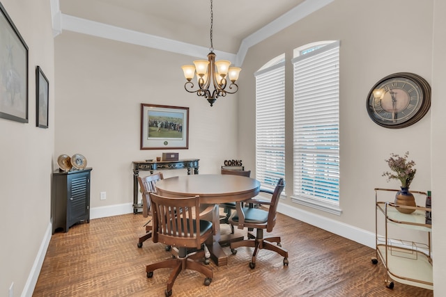 dining area featuring wood-type flooring and a notable chandelier