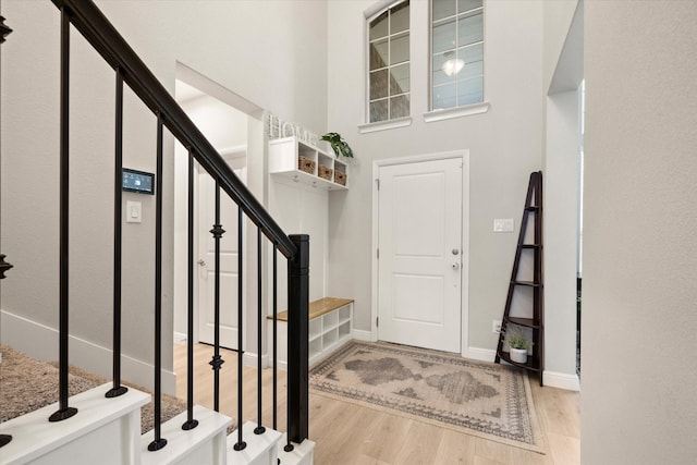 entryway featuring a towering ceiling and light hardwood / wood-style floors