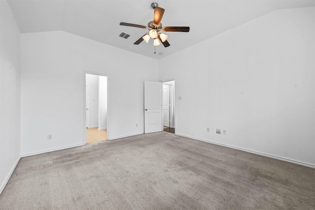 unfurnished bedroom with light carpet, high vaulted ceiling, and ceiling fan