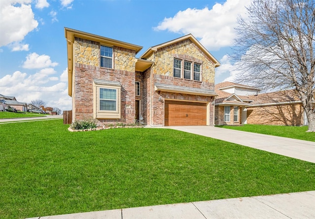 view of front of home featuring a front yard and a garage