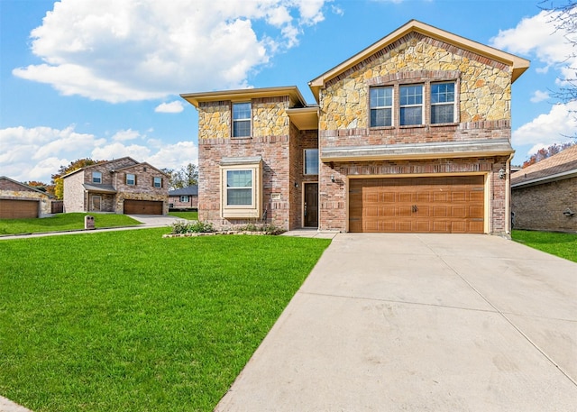 view of front of house featuring a garage and a front lawn