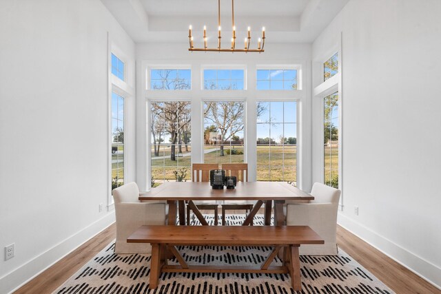 sunroom / solarium featuring a tray ceiling and a chandelier