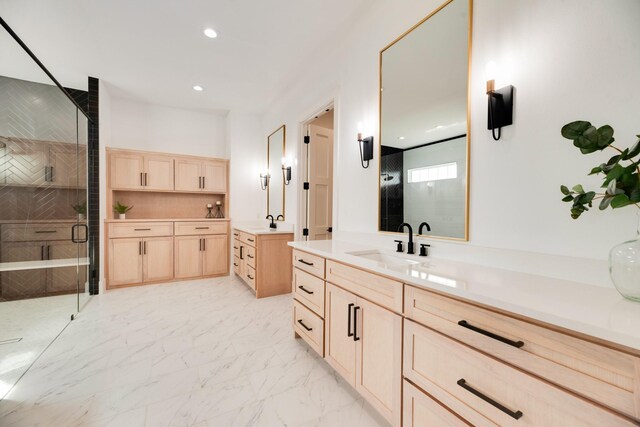 bathroom featuring walk in shower, tasteful backsplash, and vanity