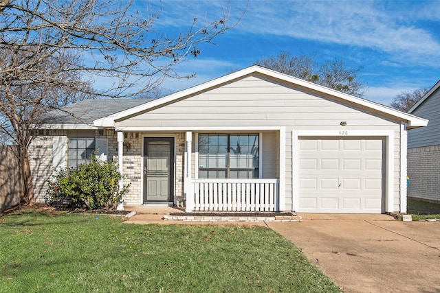 ranch-style house featuring a front yard, a garage, and a porch