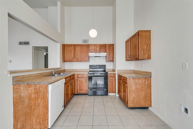 kitchen featuring dishwasher, a high ceiling, decorative light fixtures, black electric range oven, and sink