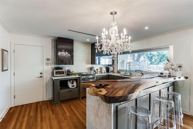 kitchen featuring stainless steel range, sink, tasteful backsplash, dark hardwood / wood-style flooring, and kitchen peninsula