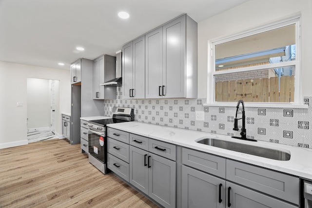 kitchen with stainless steel range with electric cooktop, gray cabinetry, and sink