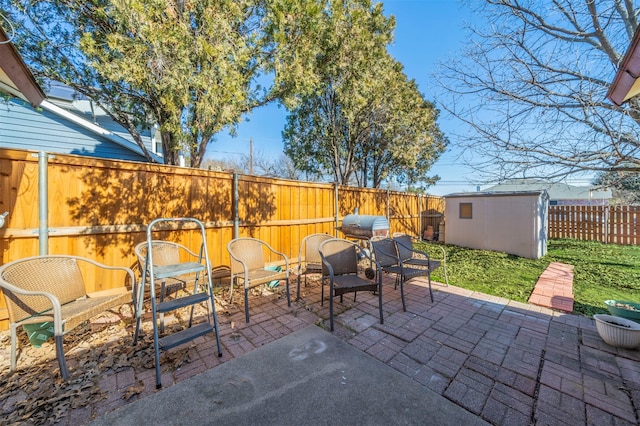 view of patio / terrace with a storage unit