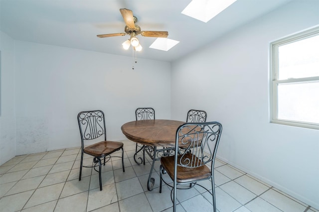 dining room featuring ceiling fan and a skylight