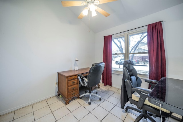 office area with ceiling fan, light tile patterned floors, and lofted ceiling