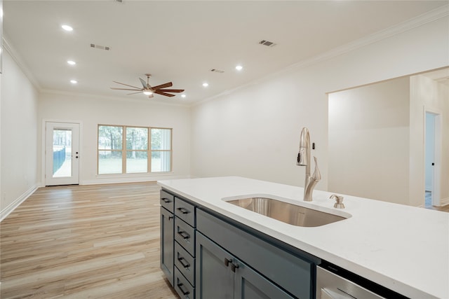 kitchen featuring gray cabinetry, light wood-type flooring, crown molding, ceiling fan, and sink