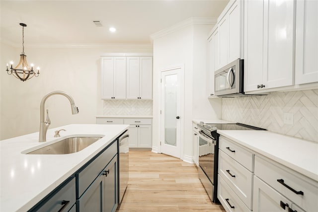 kitchen with sink, white cabinets, decorative backsplash, hanging light fixtures, and appliances with stainless steel finishes