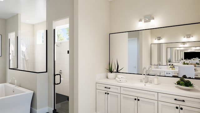 bathroom featuring vanity and independent shower and bath