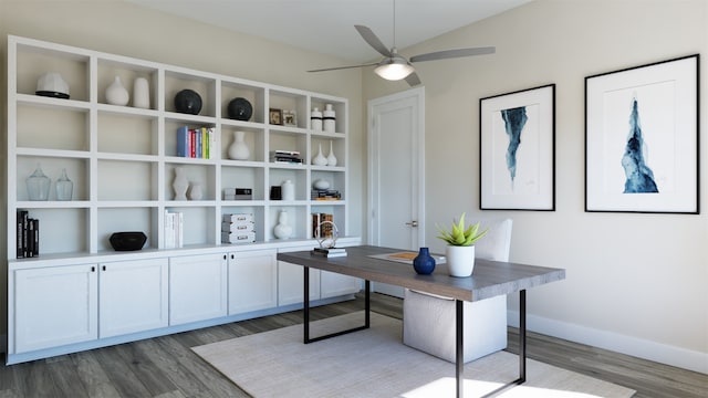 office area featuring ceiling fan, built in features, and dark wood-type flooring