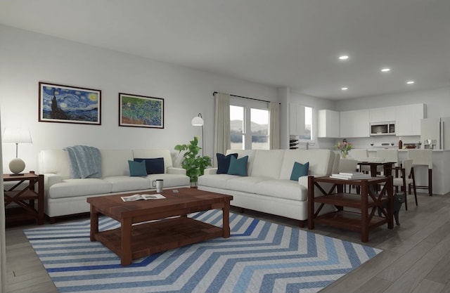 living room with dark hardwood / wood-style flooring