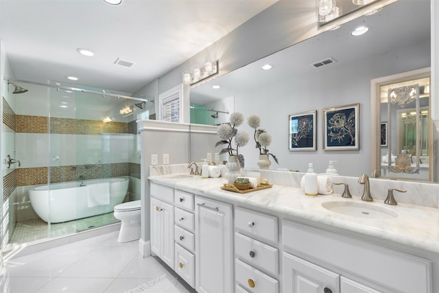 full bathroom featuring independent shower and bath, tile patterned flooring, vanity, and toilet