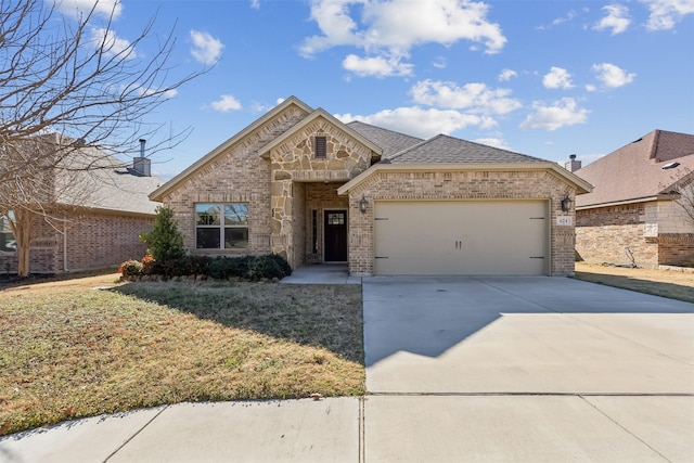 french country inspired facade featuring a garage, brick siding, driveway, and roof with shingles