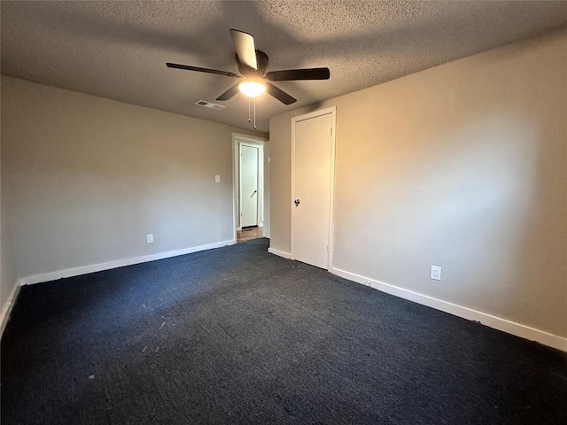 708 Ellington St, Atlanta, TX 75551 - spare room with dark colored carpet, a textured ceiling, baseboards, visible vents, and a ceiling fan