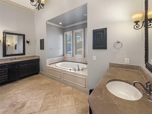 bathroom featuring ornamental molding, tile patterned flooring, vanity, and a bathing tub