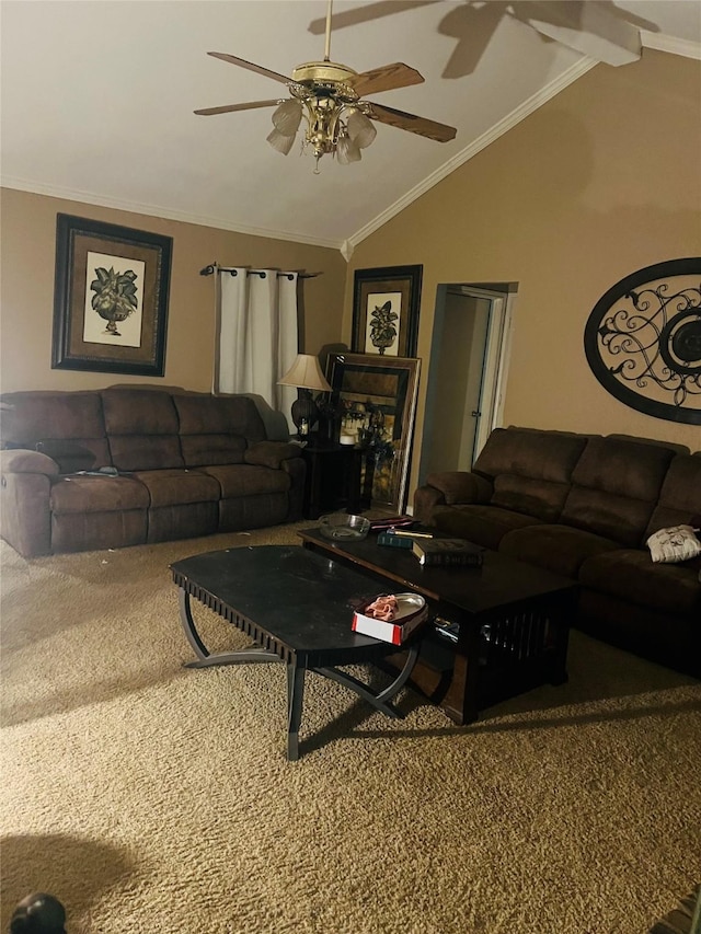 carpeted living room featuring ceiling fan, vaulted ceiling, and crown molding