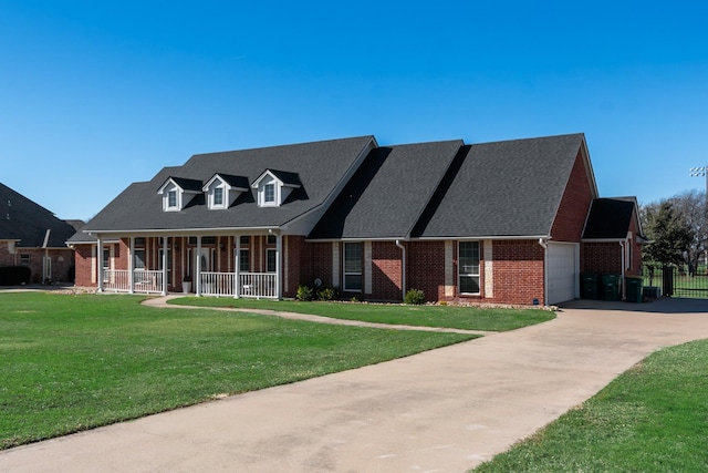 cape cod-style house with a garage, covered porch, and a front lawn