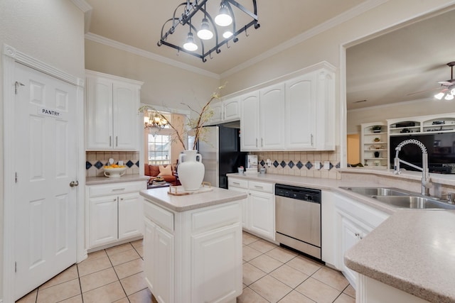 kitchen with white cabinetry, dishwasher, sink, light tile patterned flooring, and a kitchen island