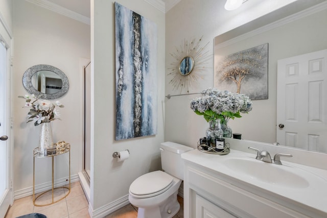 bathroom with tile patterned floors, toilet, crown molding, and walk in shower