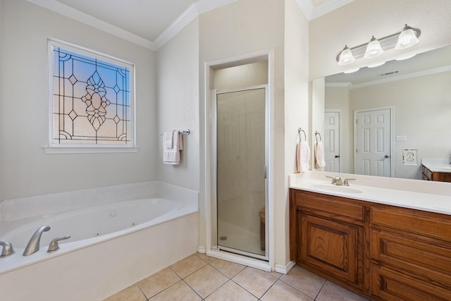 bathroom with tile patterned flooring, vanity, crown molding, and shower with separate bathtub