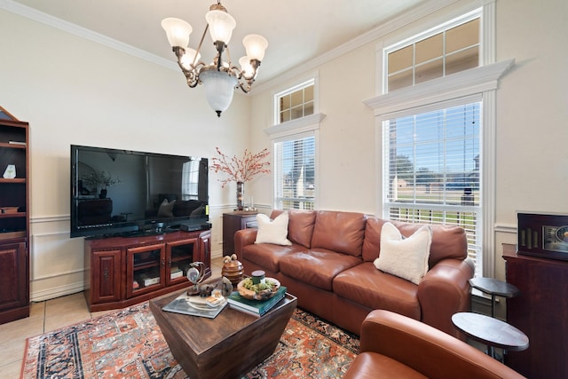 tiled living room featuring crown molding and an inviting chandelier