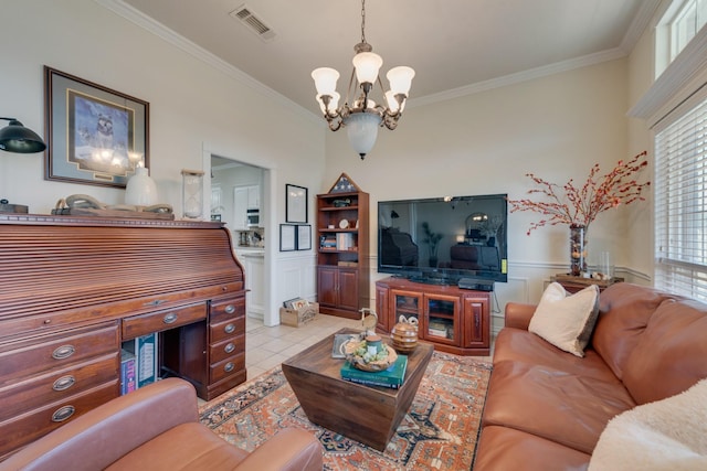 living room featuring crown molding, plenty of natural light, light tile patterned flooring, and a chandelier