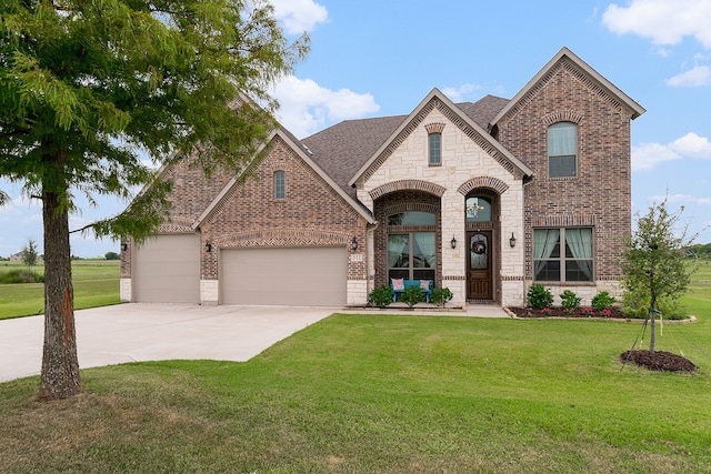 611 The Trails Dr, Blue Ridge, TX 75424 - french country home featuring concrete driveway, stone siding, a front lawn, brick siding, and a garage