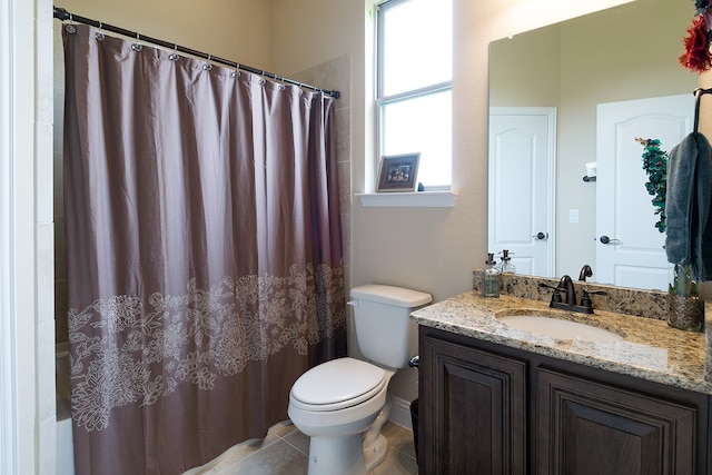 bathroom featuring toilet, tile patterned flooring, a shower with curtain, and vanity