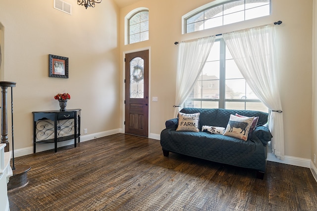 foyer featuring dark wood-type flooring and a towering ceiling