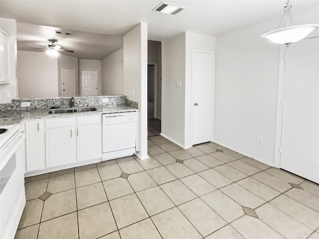 kitchen with sink, white appliances, white cabinetry, and ceiling fan