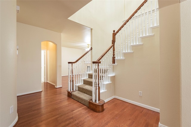 staircase with hardwood / wood-style floors