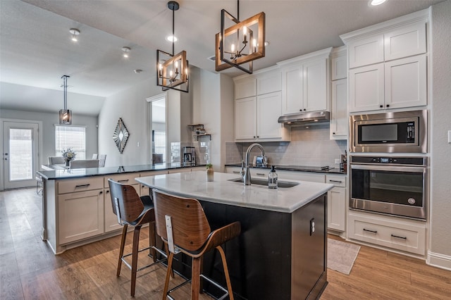 kitchen featuring kitchen peninsula, hanging light fixtures, an island with sink, and stainless steel appliances