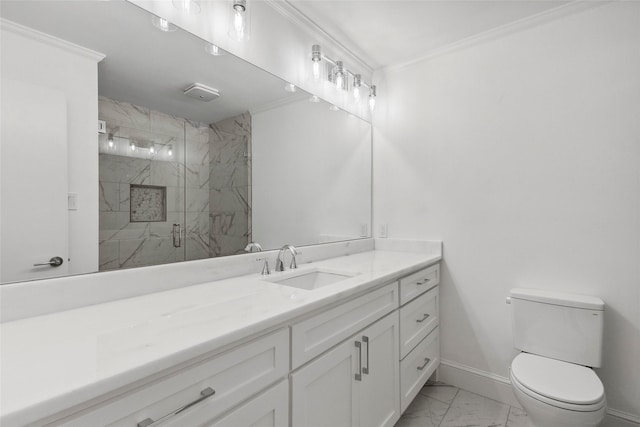 bathroom with ornamental molding, vanity, a shower with shower door, and toilet