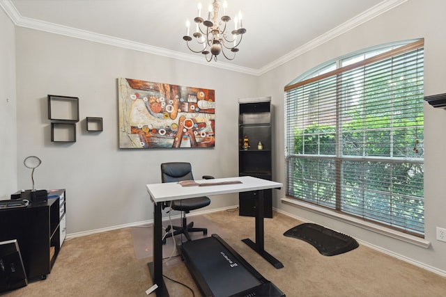 office area with light carpet, an inviting chandelier, a wealth of natural light, and crown molding