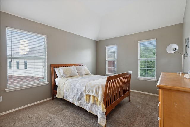 bedroom featuring dark colored carpet and lofted ceiling