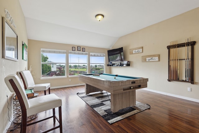 game room with lofted ceiling, wood-type flooring, and billiards