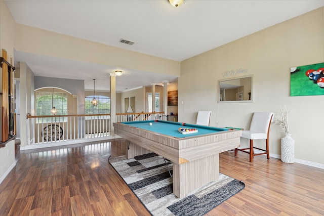 playroom with hardwood / wood-style floors and billiards